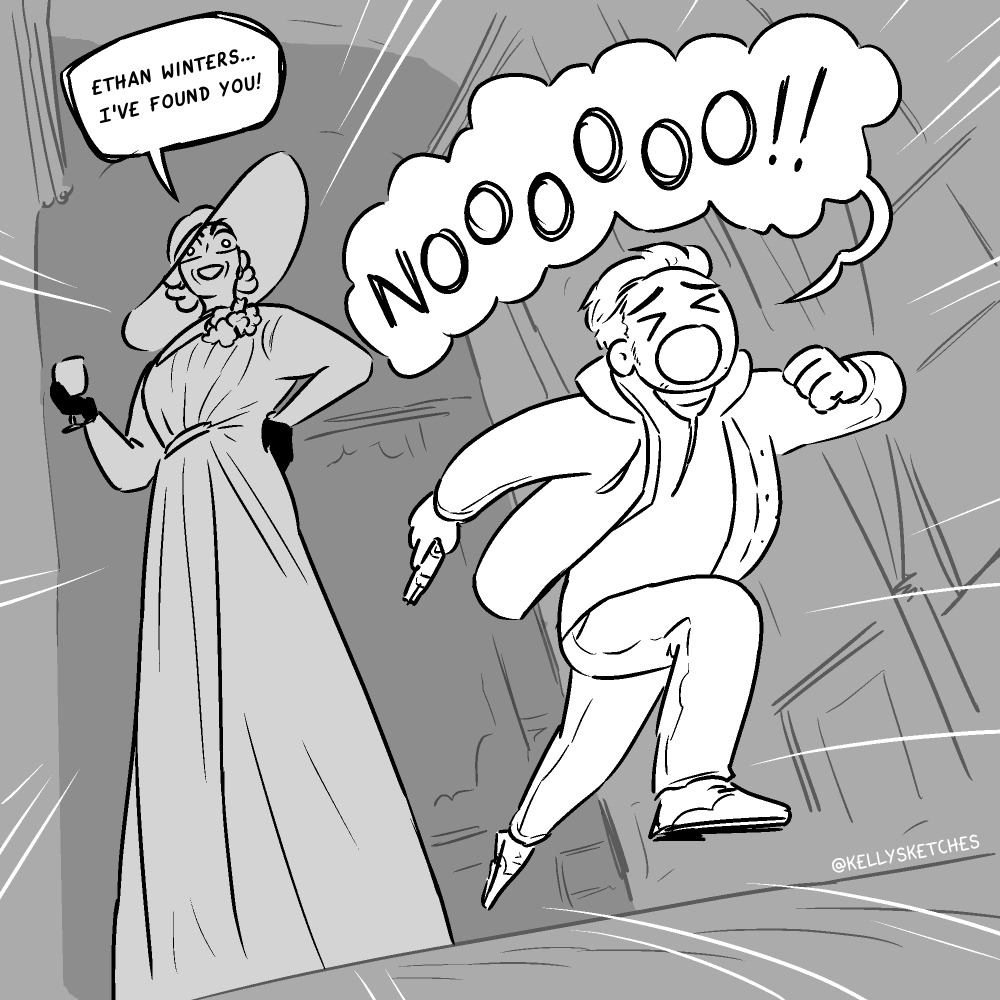 Ethan Winters runs screaming up the hallway away from Lady Dimitrescu, who is delighted to find him.