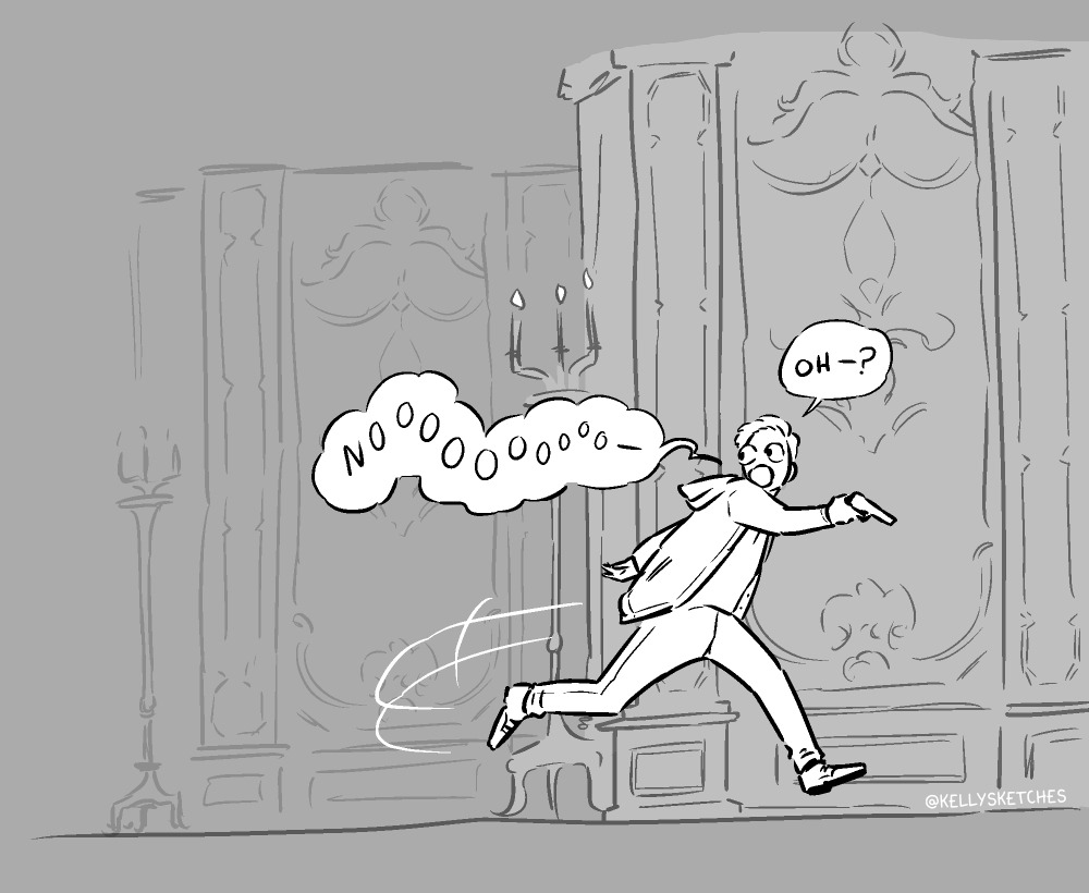 Ethan's cries trail off and he looks behind himself to see that he's lost the giant lady.