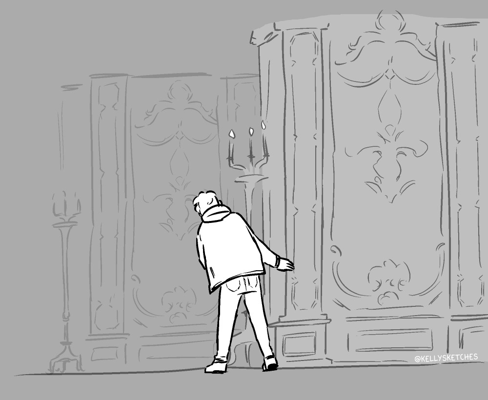 Ethan doubles back and peeks around the corner, looking for the giant lady.