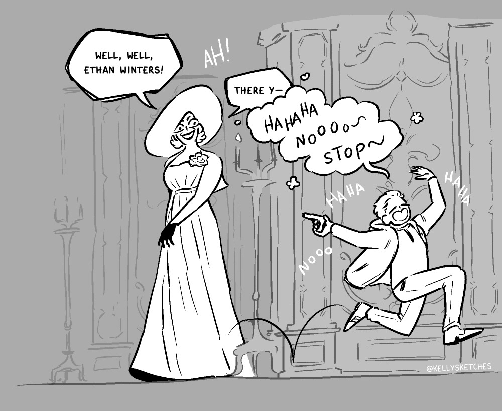 Lady Dimitrescu discovers him again and Ethan skips off, pretending to be scared, giggling and ironically telling her to stop.